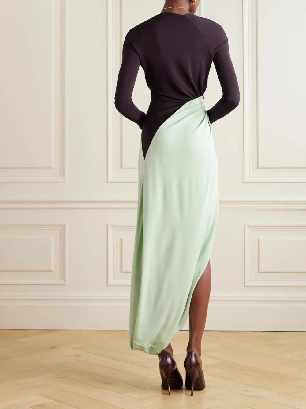 Back view of the Victoria Beckham Knotted Gathered Two-tone Jersey Gown