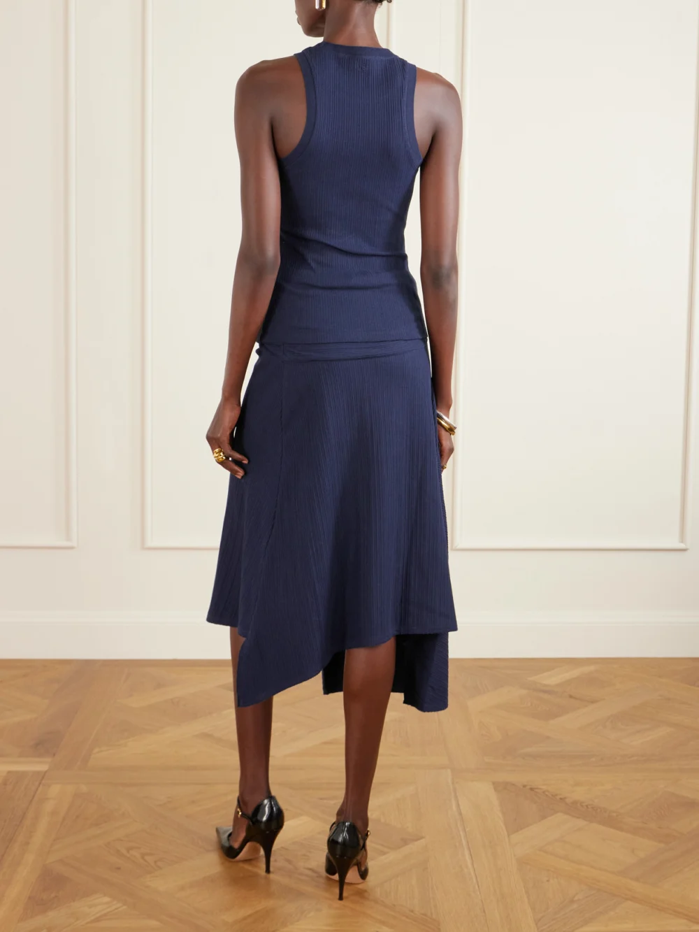 Back view of the Victoria Beckham Knotted Stretch Organic Cotton-crepon Midi Skirt