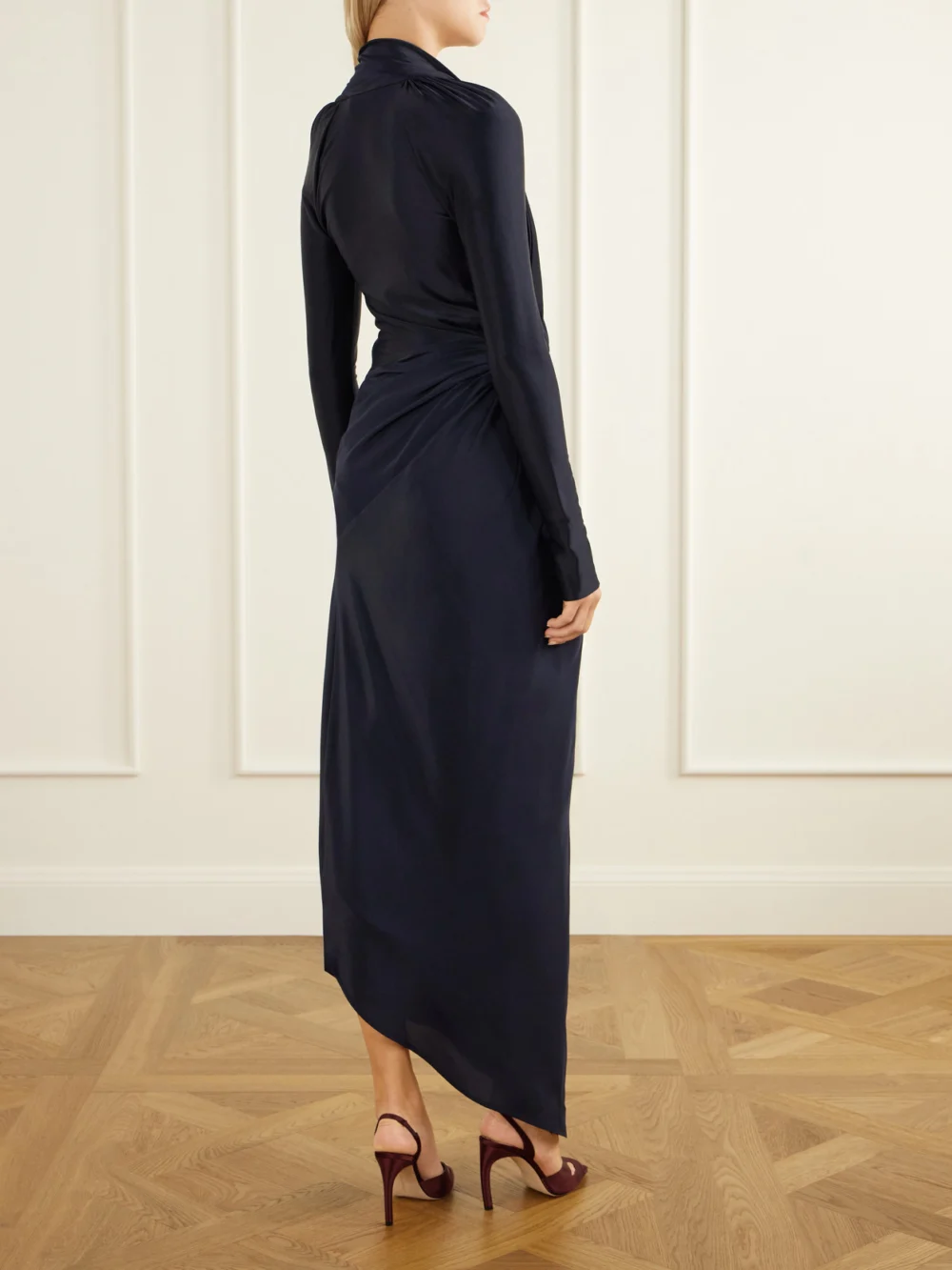 Back view of the Victoria Beckham Lea Gathered Jersey Midi Dress