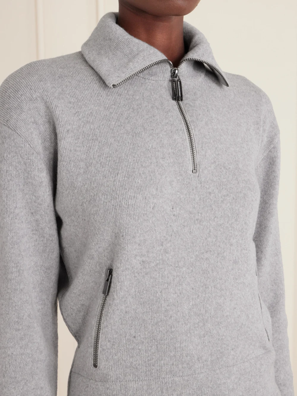 Close-up detail of the Victoria Beckham Milano Merino Wool and Cashmere-blend Half-zip Sweater