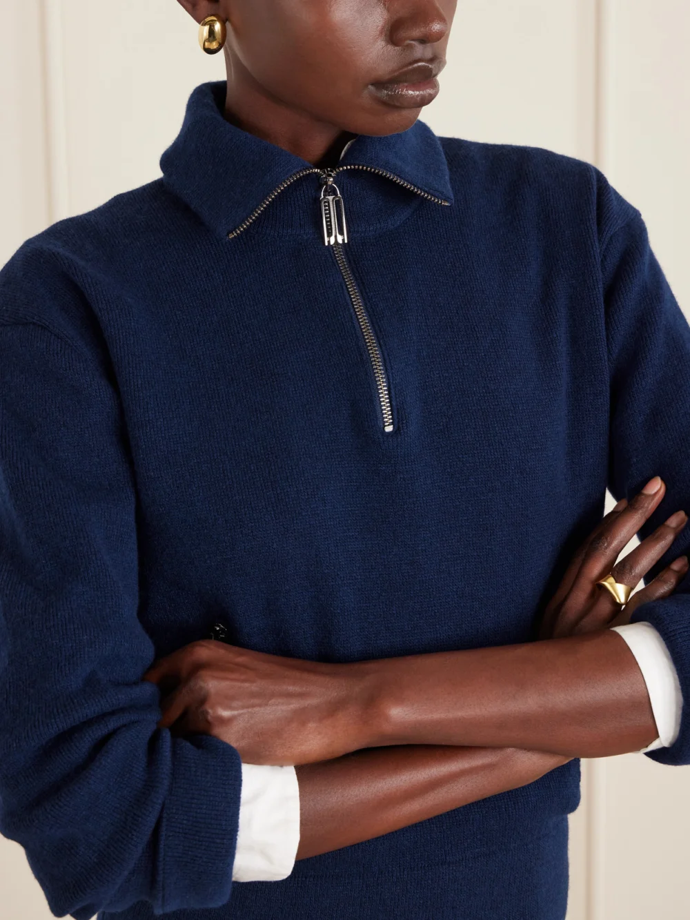 Close-up detail of the Victoria Beckham Milano Merino Wool and Cashmere-blend Half-zip Sweater