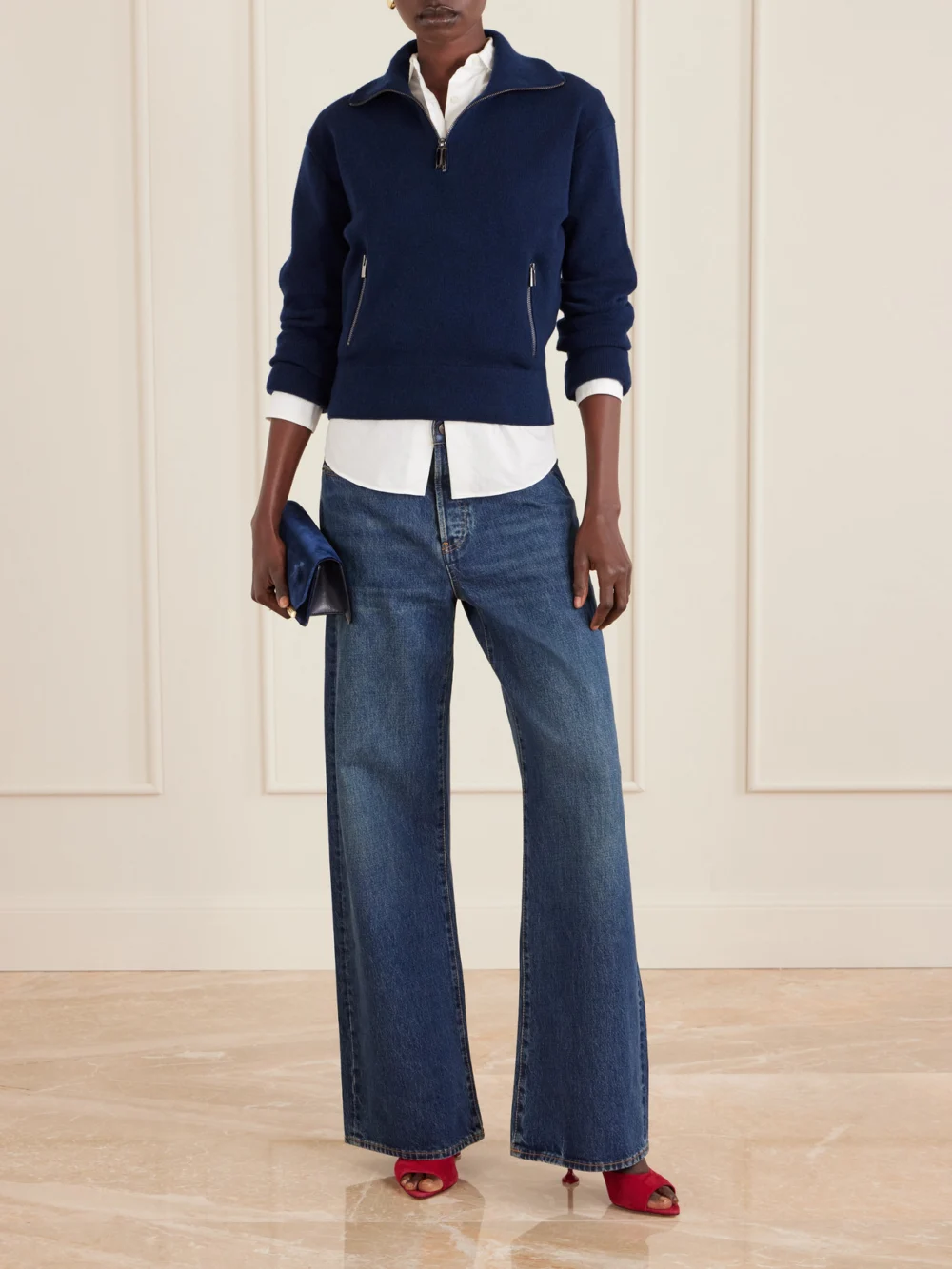 Victoria Beckham Milano Merino Wool and Cashmere-blend Half-zip Sweater, worn by a model