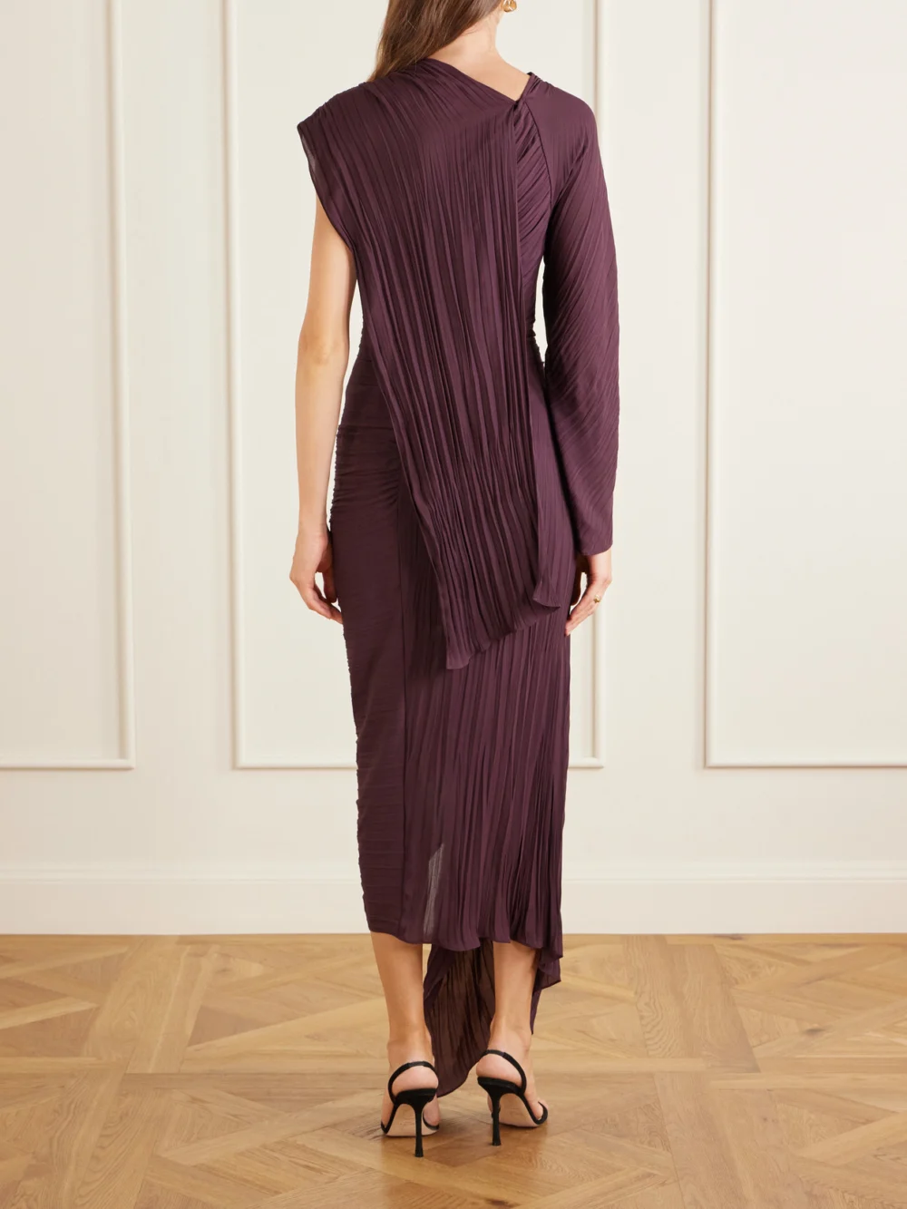 Back view of the Victoria Beckham Off-the-shoulder Plissé Midi Dress