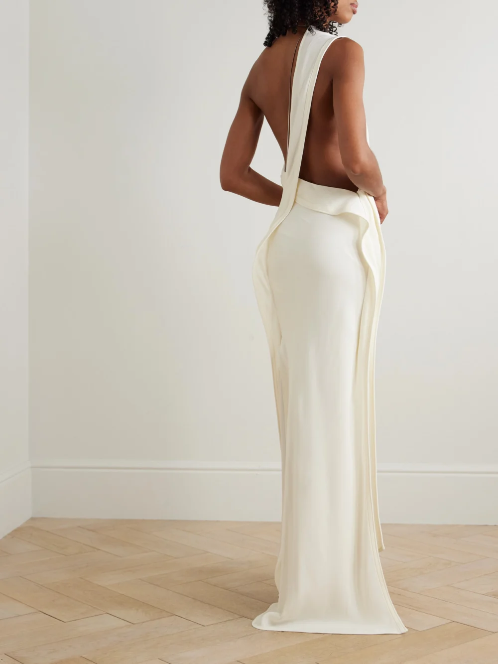 Back view of the Victoria Beckham One-shoulder Open-back Embellished Draped Ribbed-knit Gown