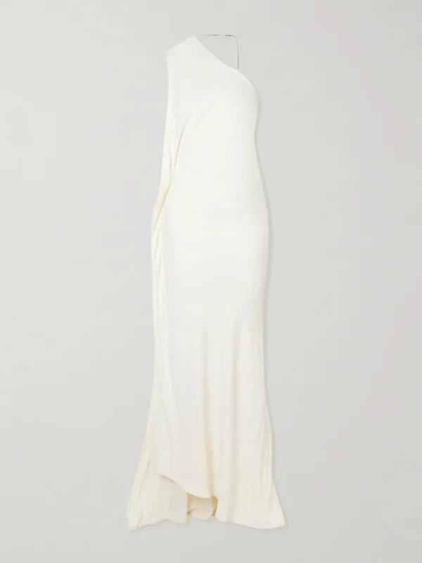 Victoria Beckham One-shoulder Open-back Embellished Draped Ribbed-knit Gown