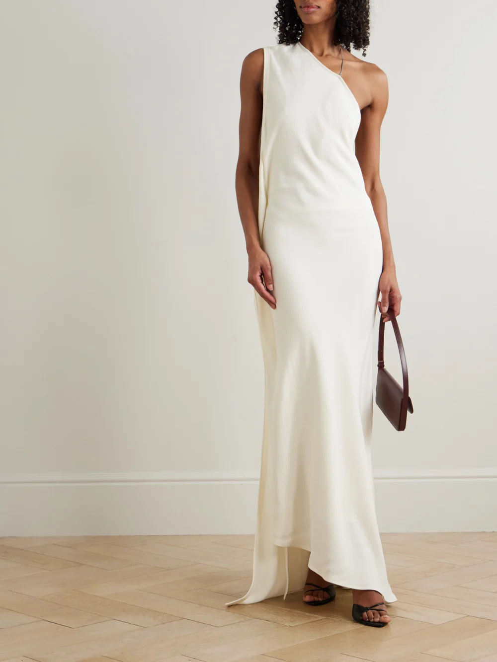 Victoria Beckham One-shoulder Open-back Embellished Draped Ribbed-knit Gown, worn by a model