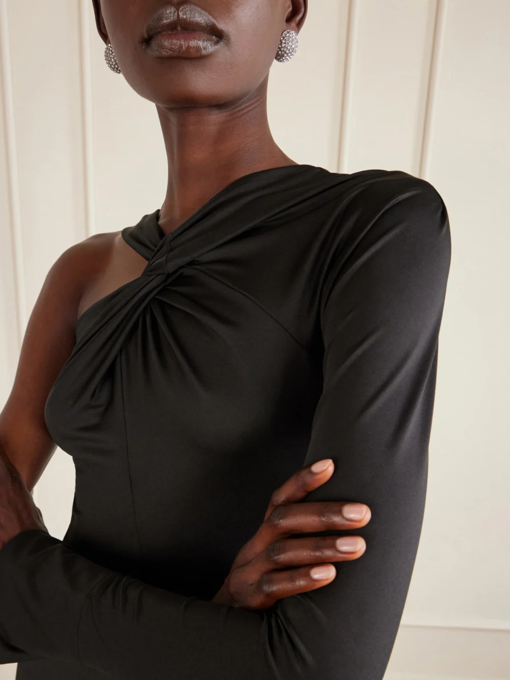 Close-up detail of the Victoria Beckham One-shoulder Satin Gown
