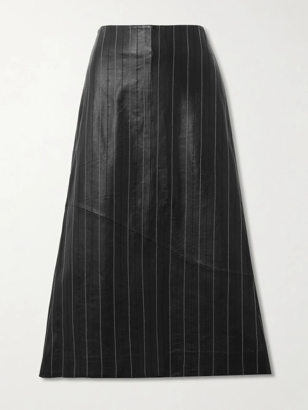 Victoria Beckham Paneled Embroidered Pinstriped Leather Midi Skirt in black