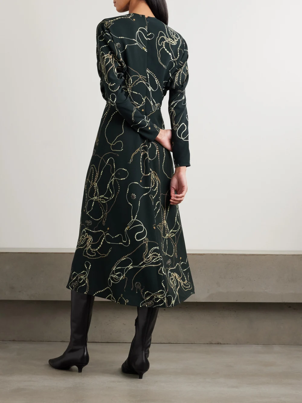 Back view of the Victoria Beckham Paneled Printed Crepe Midi Dress