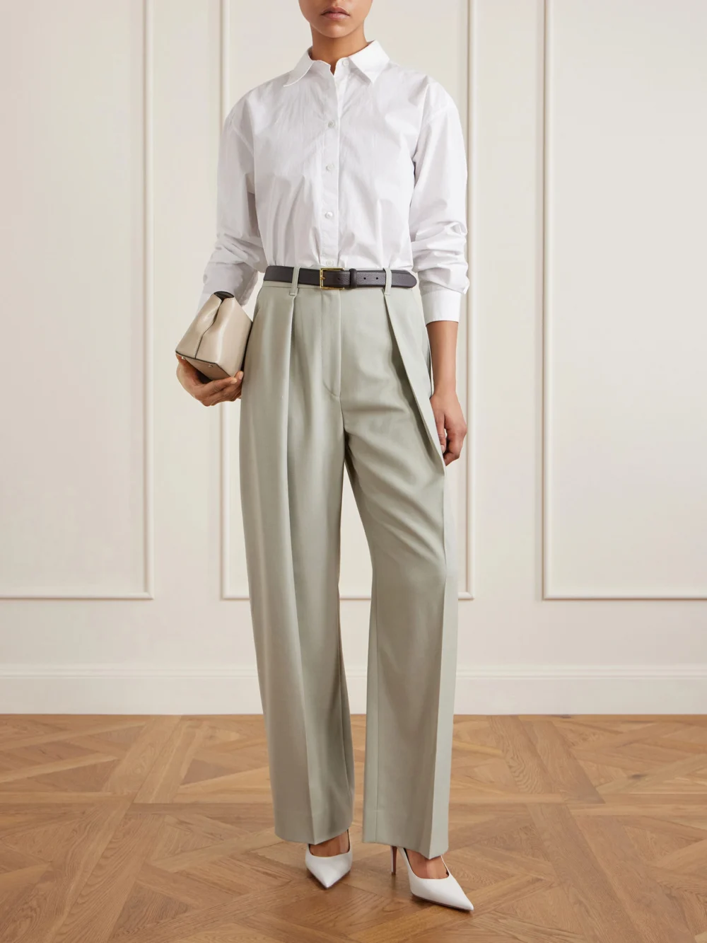 Victoria Beckham Pleated Grain De Poudre Wide-leg Pants, worn by a model