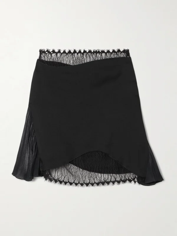 Victoria Beckham Pleated Lace and Chiffon-trimmed Satin-crepe Mini Skirt
