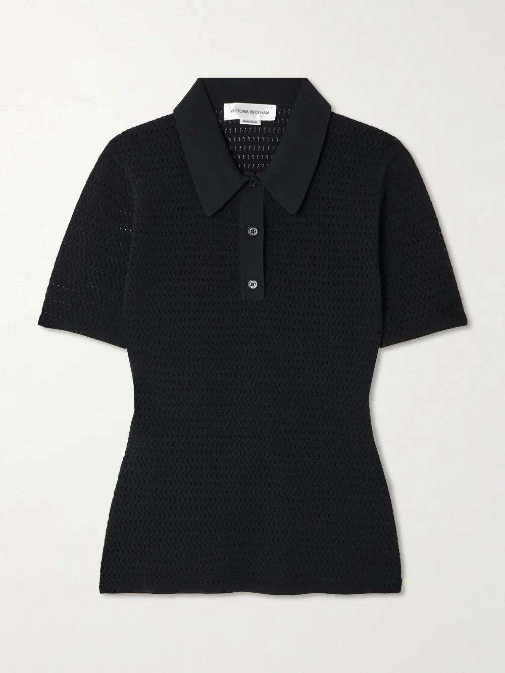 Victoria Beckham Pointelle-knit Polo Shirt in black
