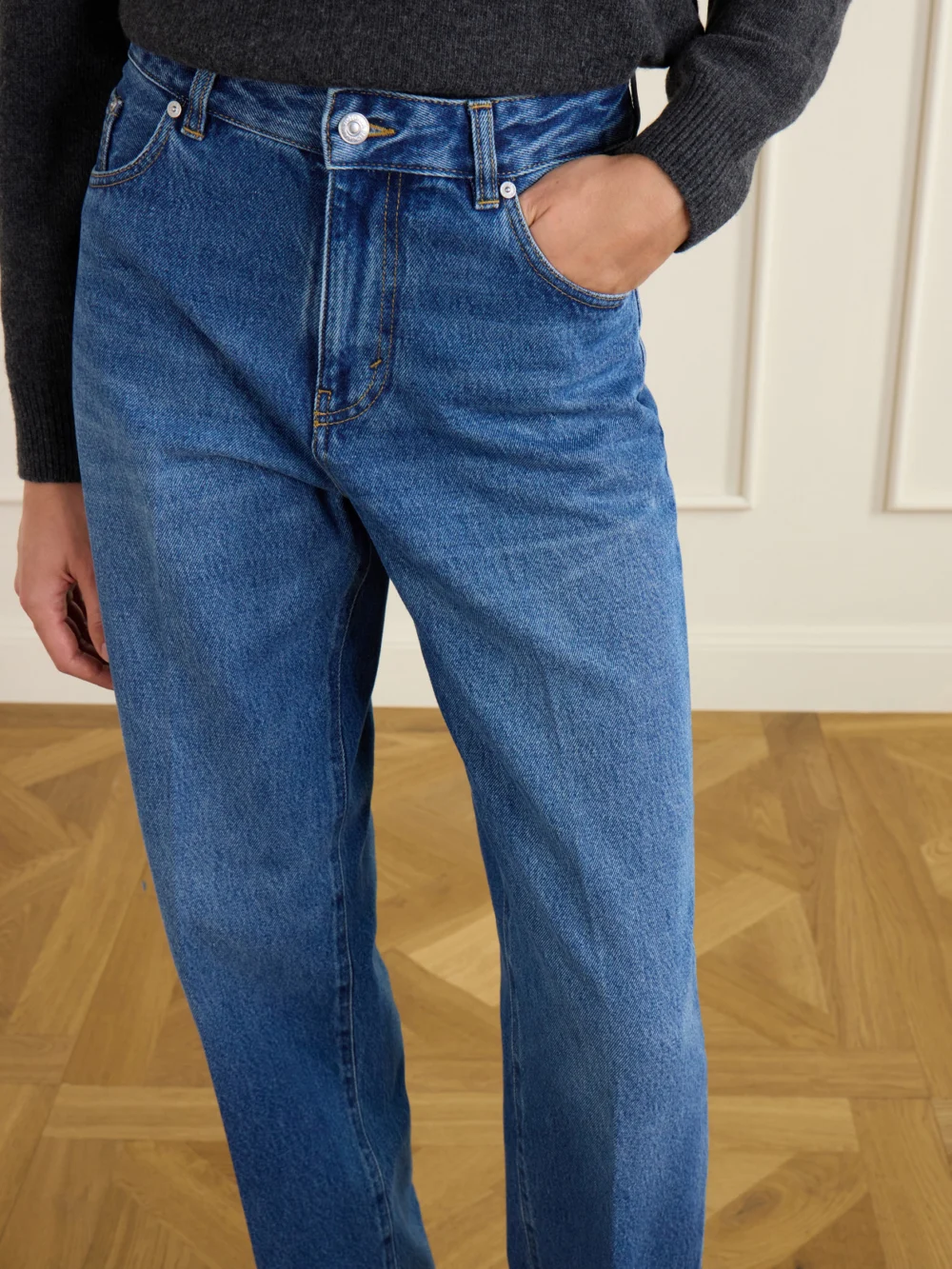 Close-up detail of the Victoria Beckham Relaxed High-waist Wide-leg Jeans