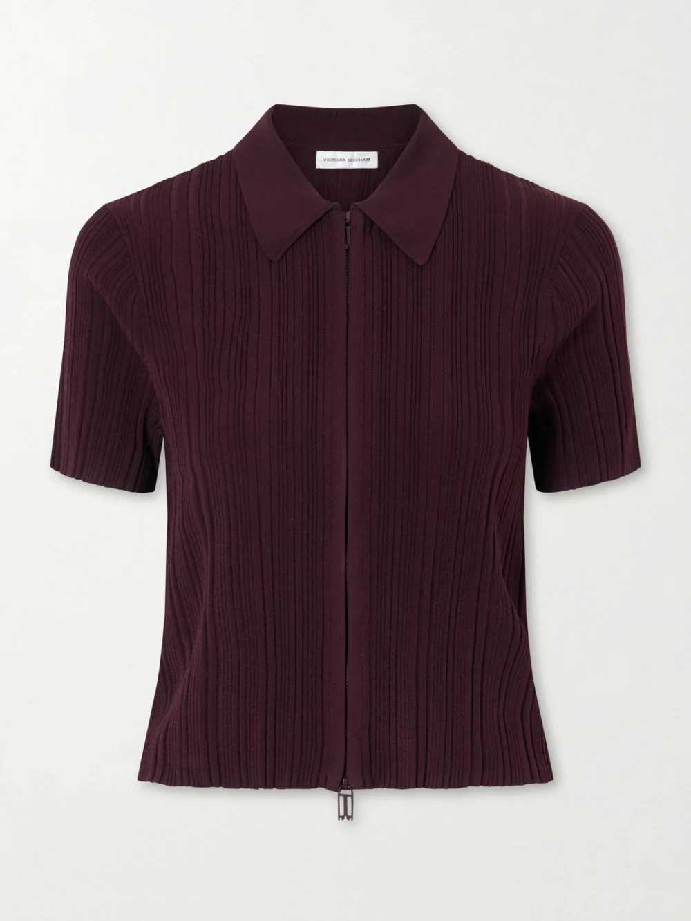 Victoria Beckham Ribbed Polo Top in burgundy