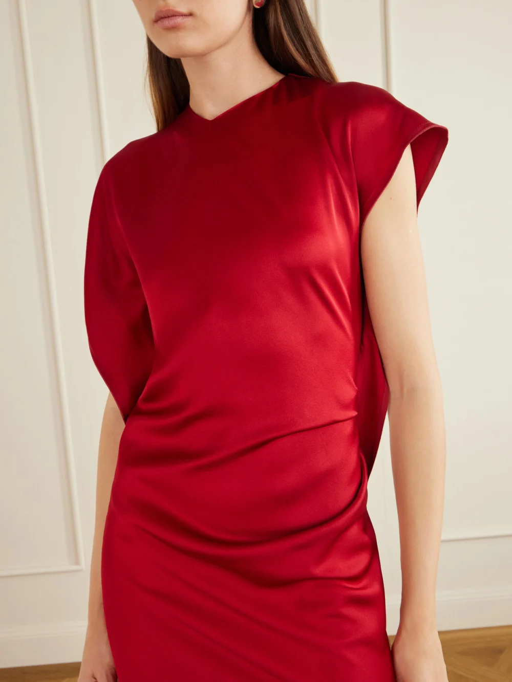 Close-up detail of the Victoria Beckham Satin Midi Dress