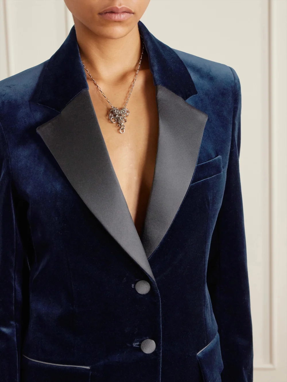 Close-up detail of the Victoria Beckham Satin-trimmed Velvet Blazer