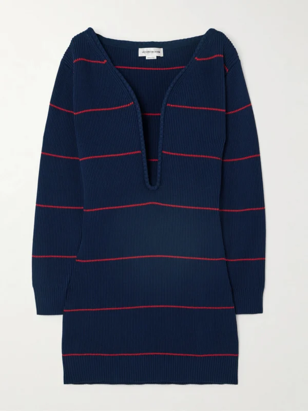 Victoria Beckham Striped Ribbed Cotton-blend Mini Dress