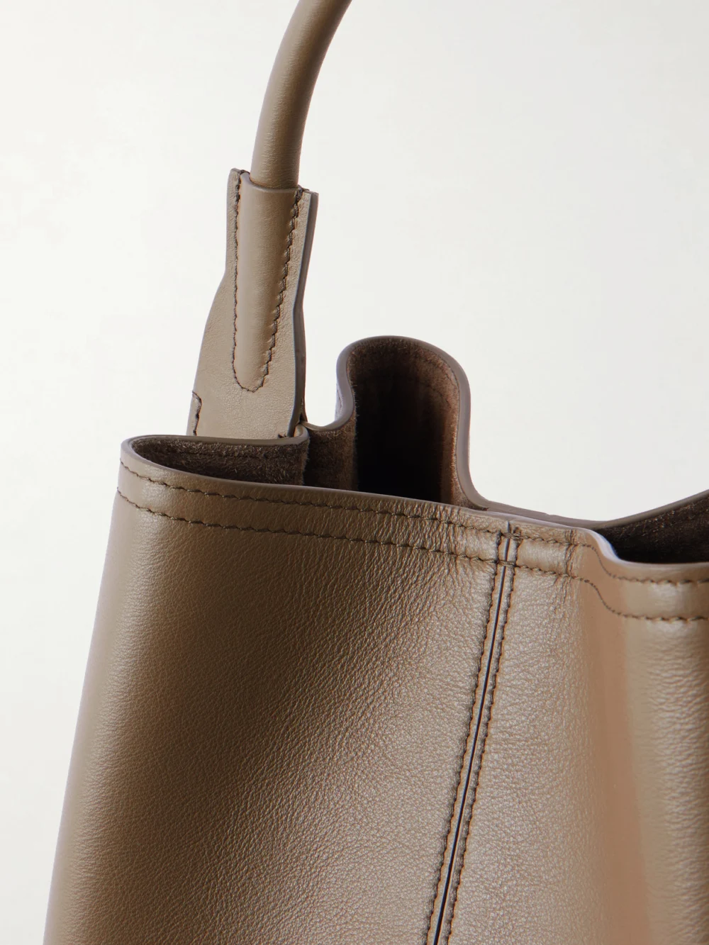Close-up detail of the Victoria Beckham The Victoria Bucket Leather Shoulder Bag