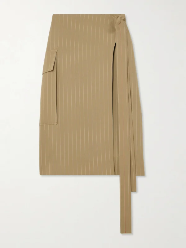 Victoria Beckham Tie-detailed Pinstriped Wool-twill Midi Wrap Skirt