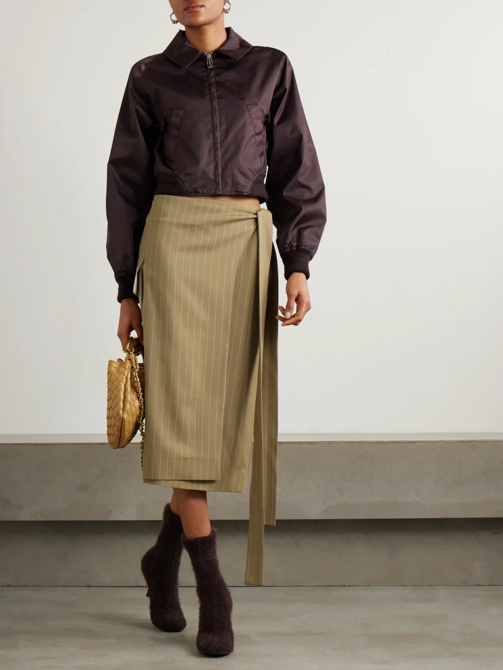 Victoria Beckham Tie-detailed Pinstriped Wool-twill Midi Wrap Skirt, worn by a model
