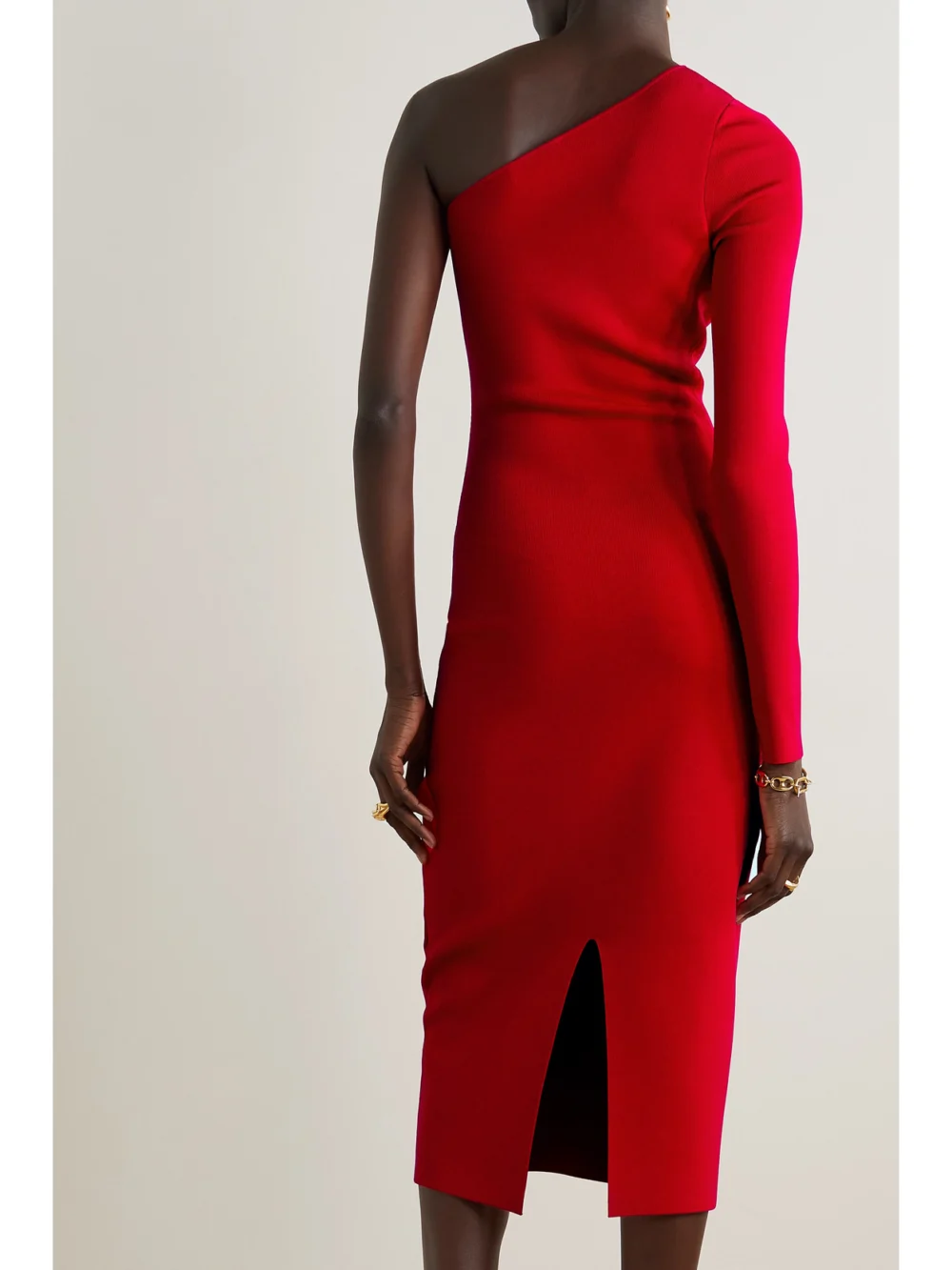 Back view of the Victoria Beckham Vb Body One-shoulder Stretch-knit Midi Dress