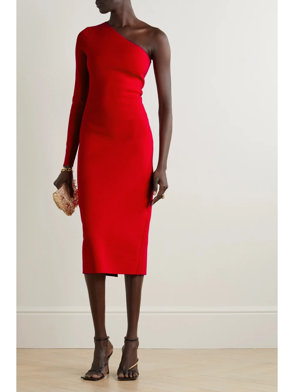 Victoria Beckham Vb Body One-shoulder Stretch-knit Midi Dress, worn by a model