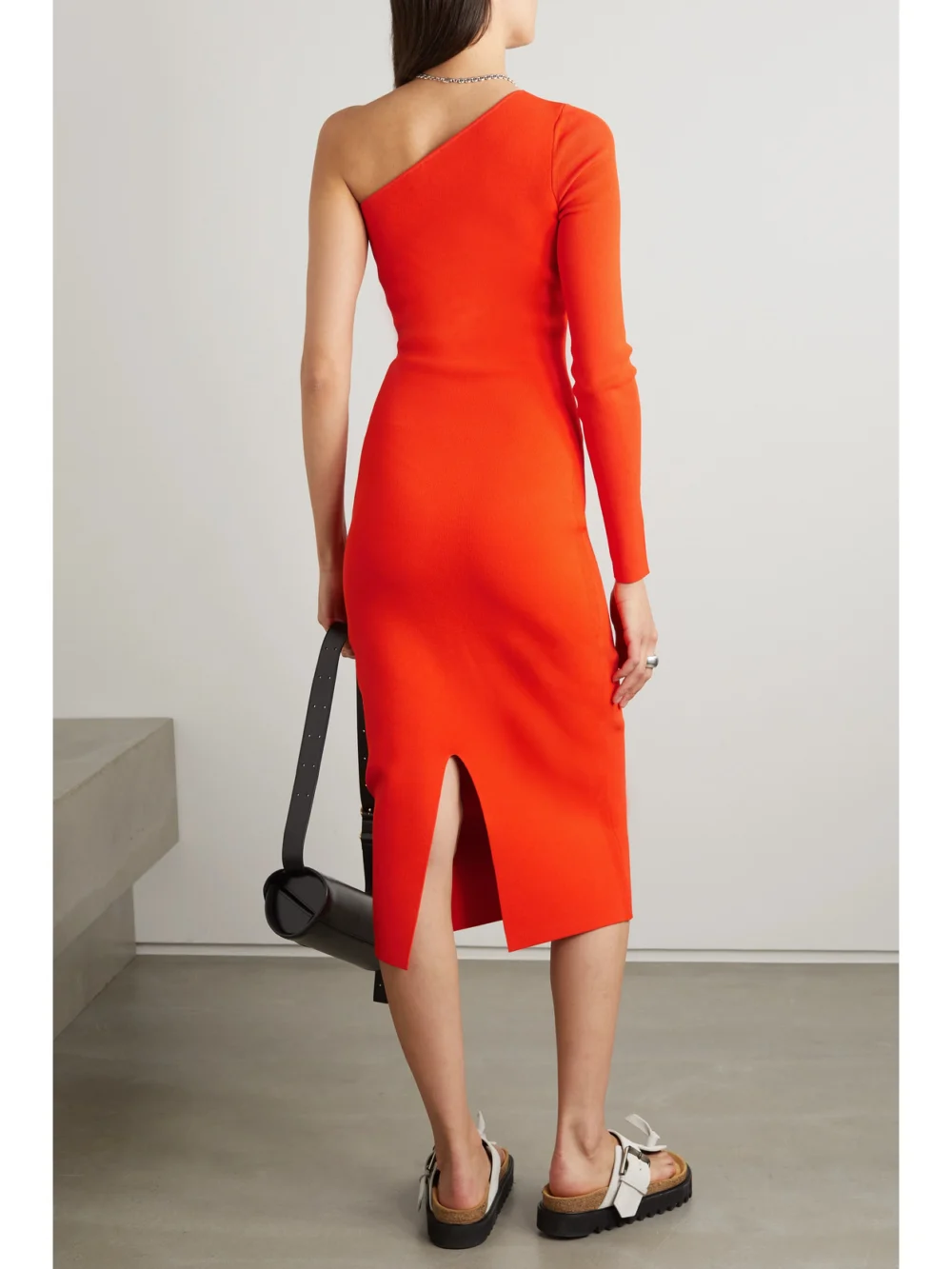 Back view of the Victoria Beckham Vb Body One-sleeve Stretch-knit Midi Dress