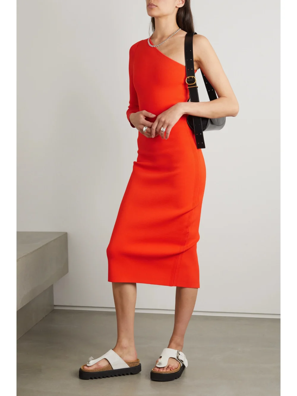 Victoria Beckham Vb Body One-sleeve Stretch-knit Midi Dress, worn by a model
