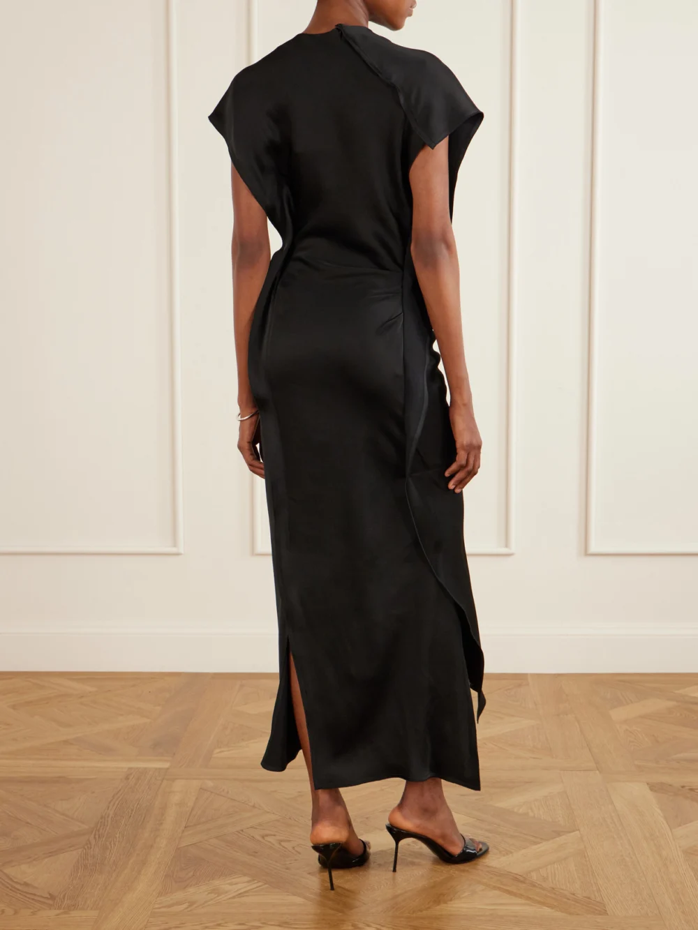 Back view of the Victoria Beckham Victoria Gathered Satin Midi Dress