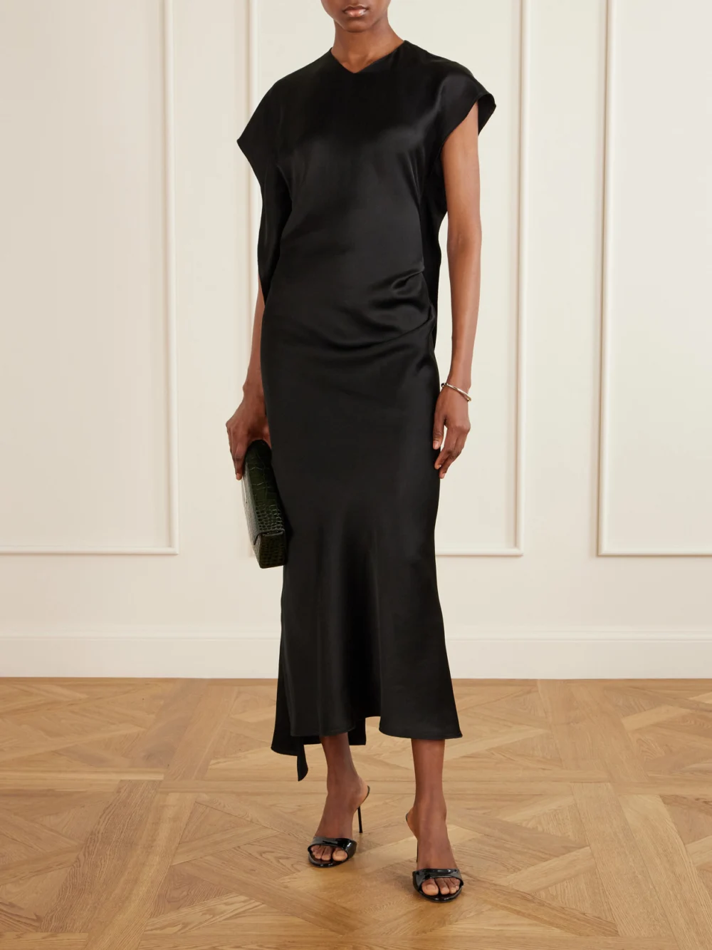 Victoria Beckham Victoria Gathered Satin Midi Dress, worn by a model