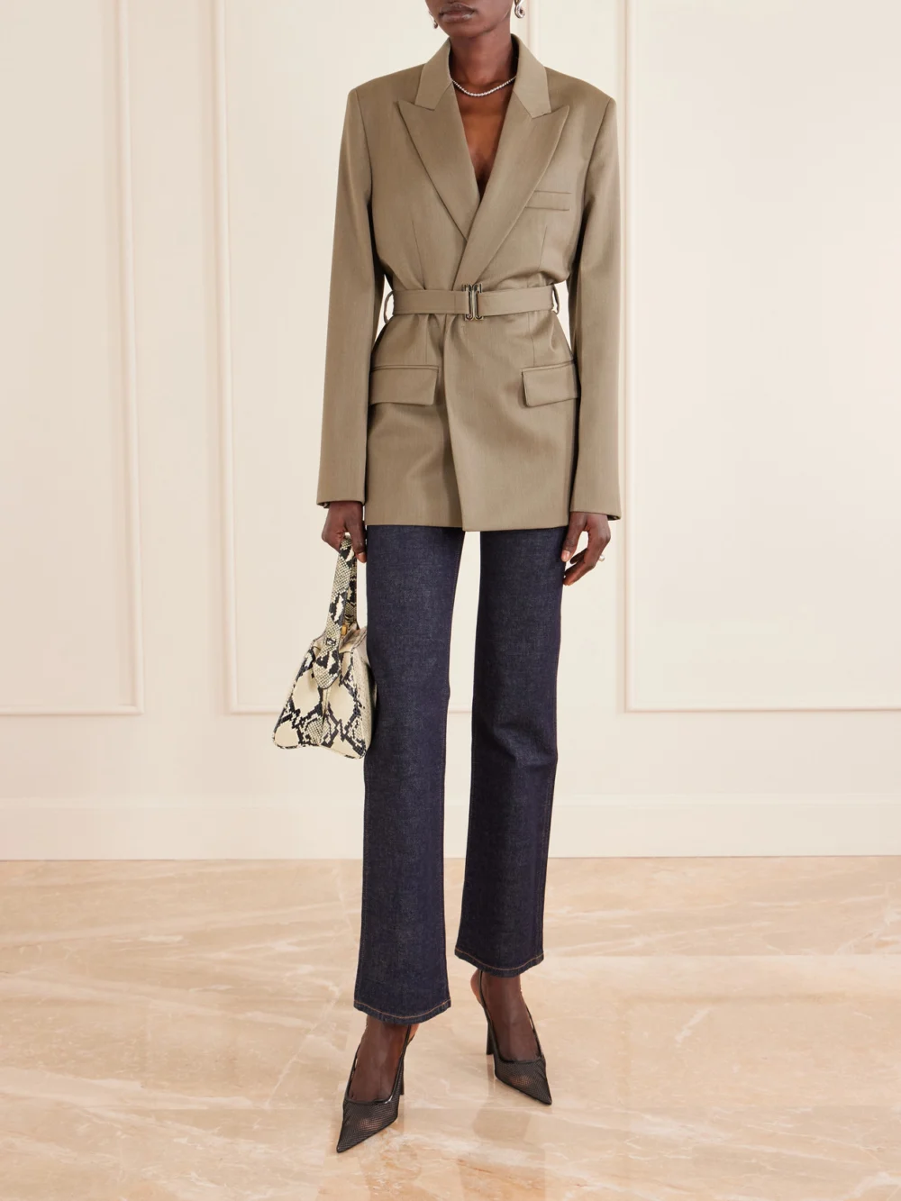 Victoria Beckham Victoria Leather-trimmed Mesh Slingback Pumps, styled view