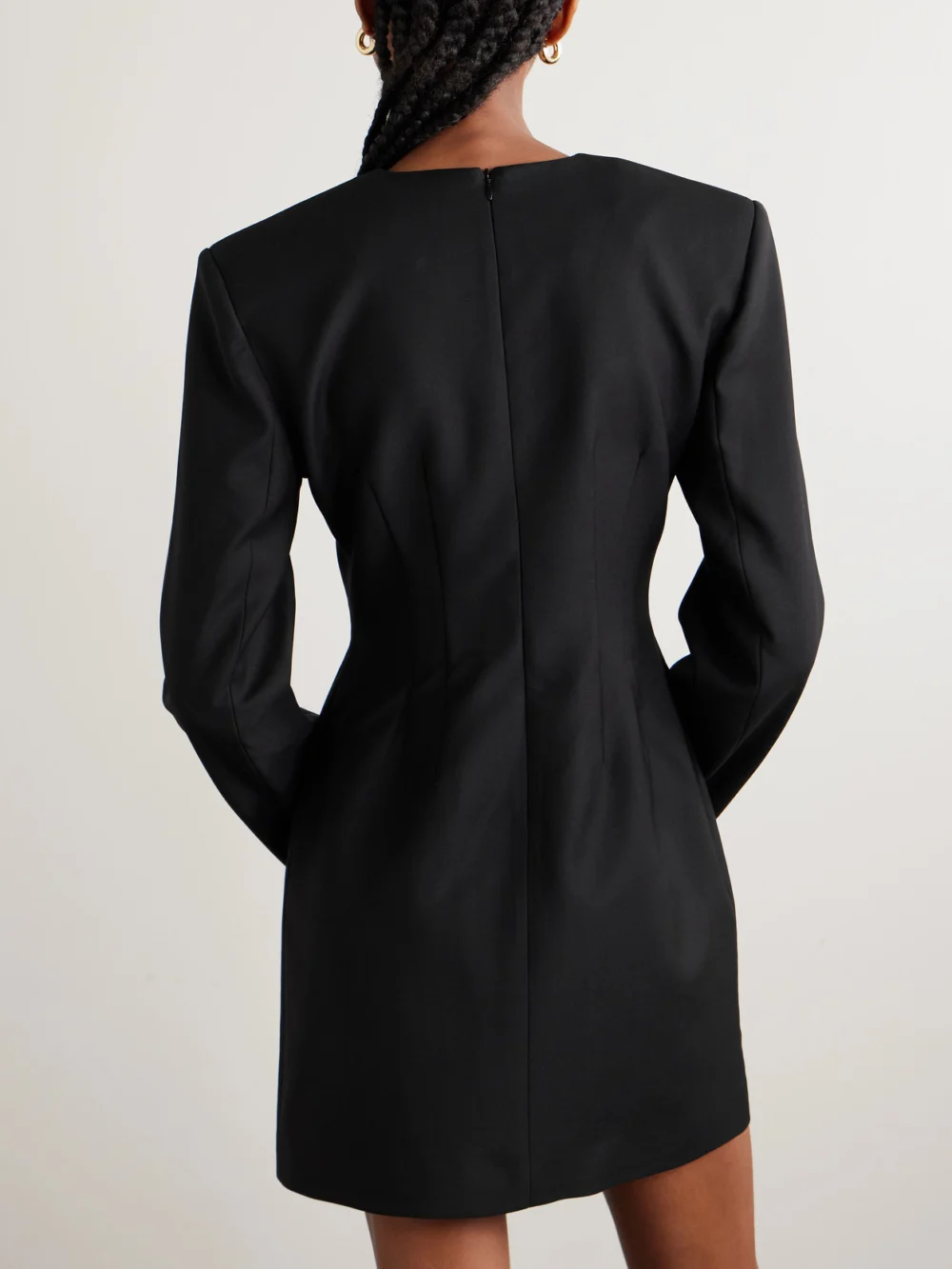 Back view of the Violante Nessi Baselitz Button-embellished Satin-trimmed Wool-blend Mini Dress