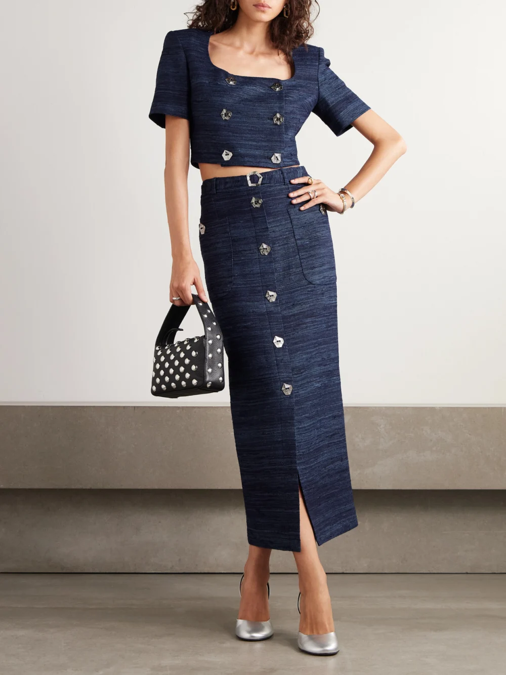 Violante Nessi Corot Belted Silk-tweed Midi Skirt, worn by a model