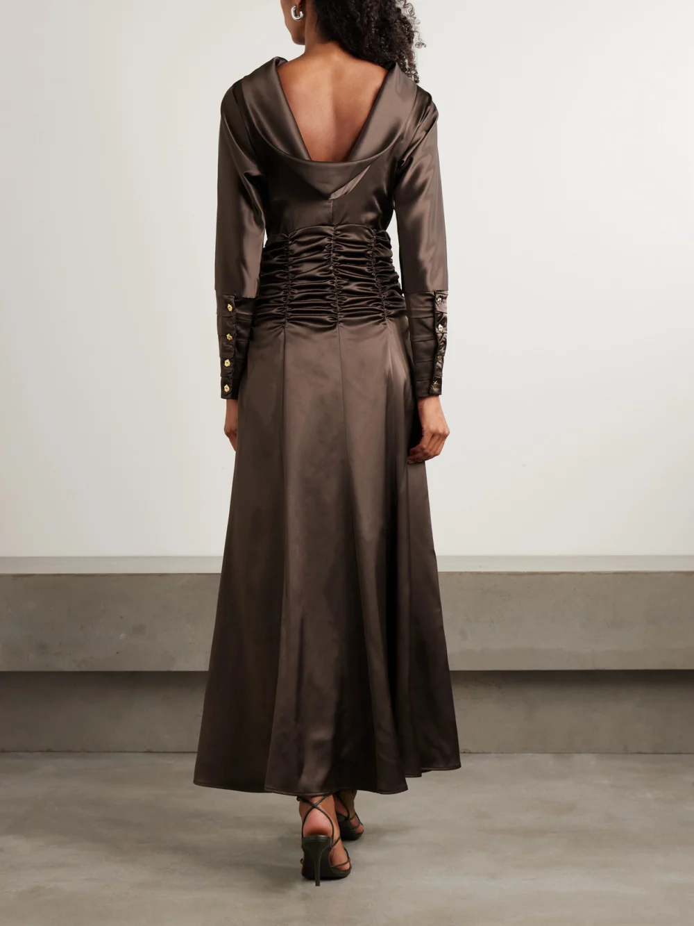 Back view of the Violante Nessi Edgar Button-embellished Ruched Satin Gown