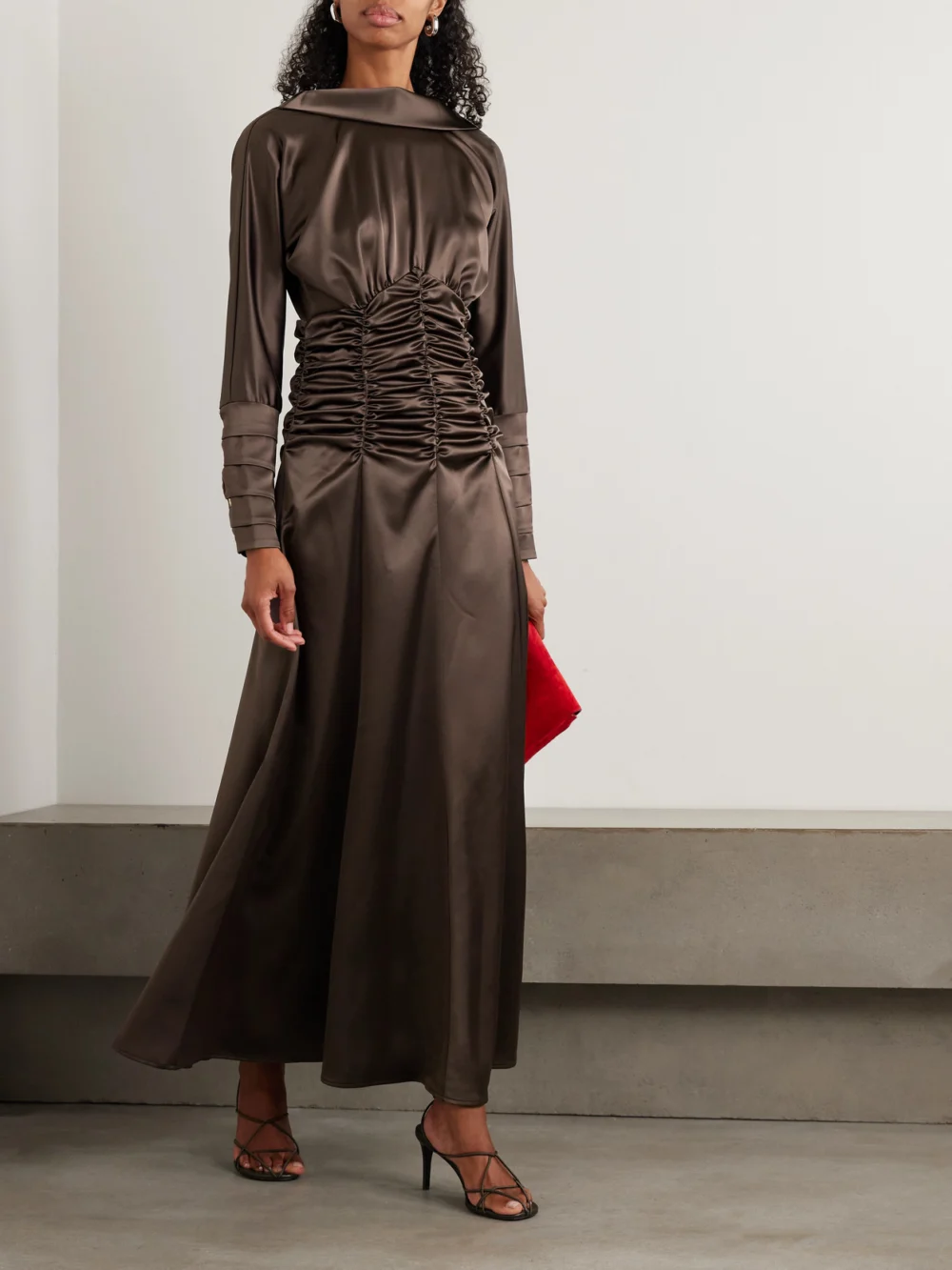 Violante Nessi Edgar Button-embellished Ruched Satin Gown, worn by a model