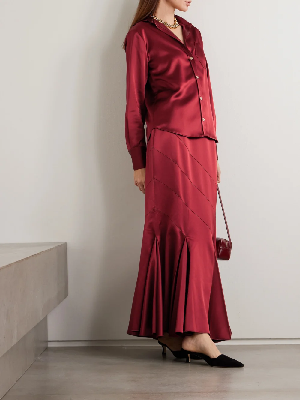 Violante Nessi Gentileschi Pleated Paneled Satin Maxi Skirt, worn by a model