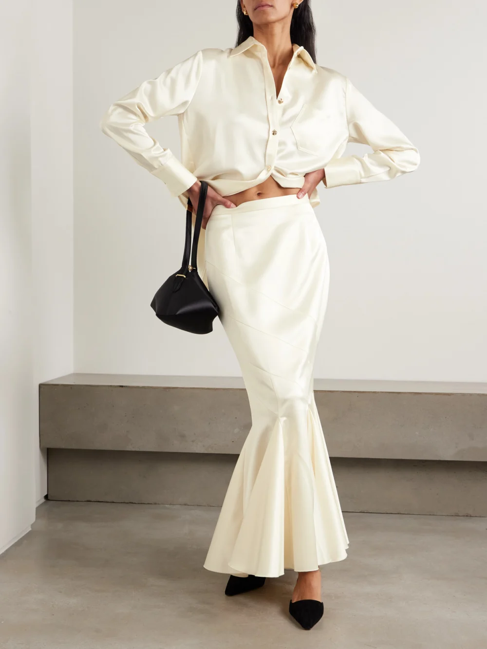 Violante Nessi Gentileschi Pleated Paneled Satin Maxi Skirt, worn by a model