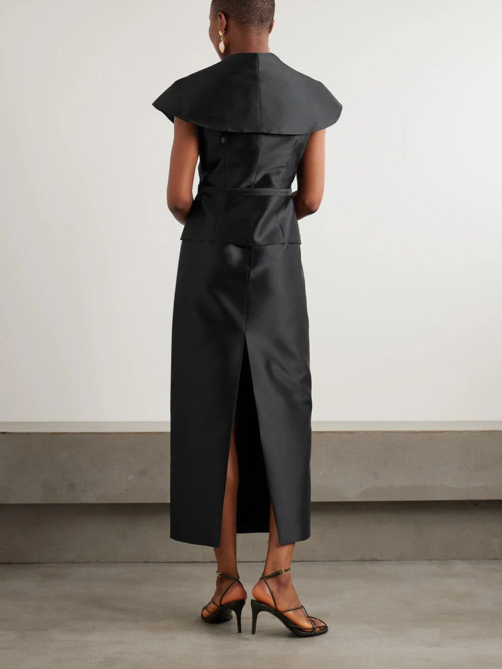 Back view of the Violante Nessi Manuela Belted Cape-effect Mikado Gown