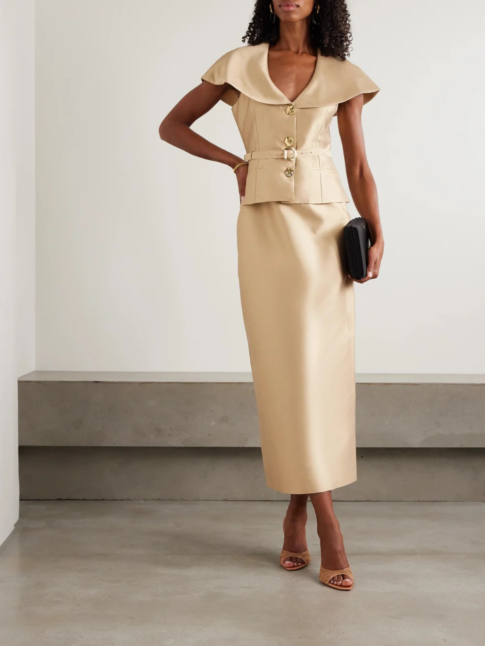 Violante Nessi Manuela Belted Cape-effect Silk-blend Mikado Gown, worn by a model