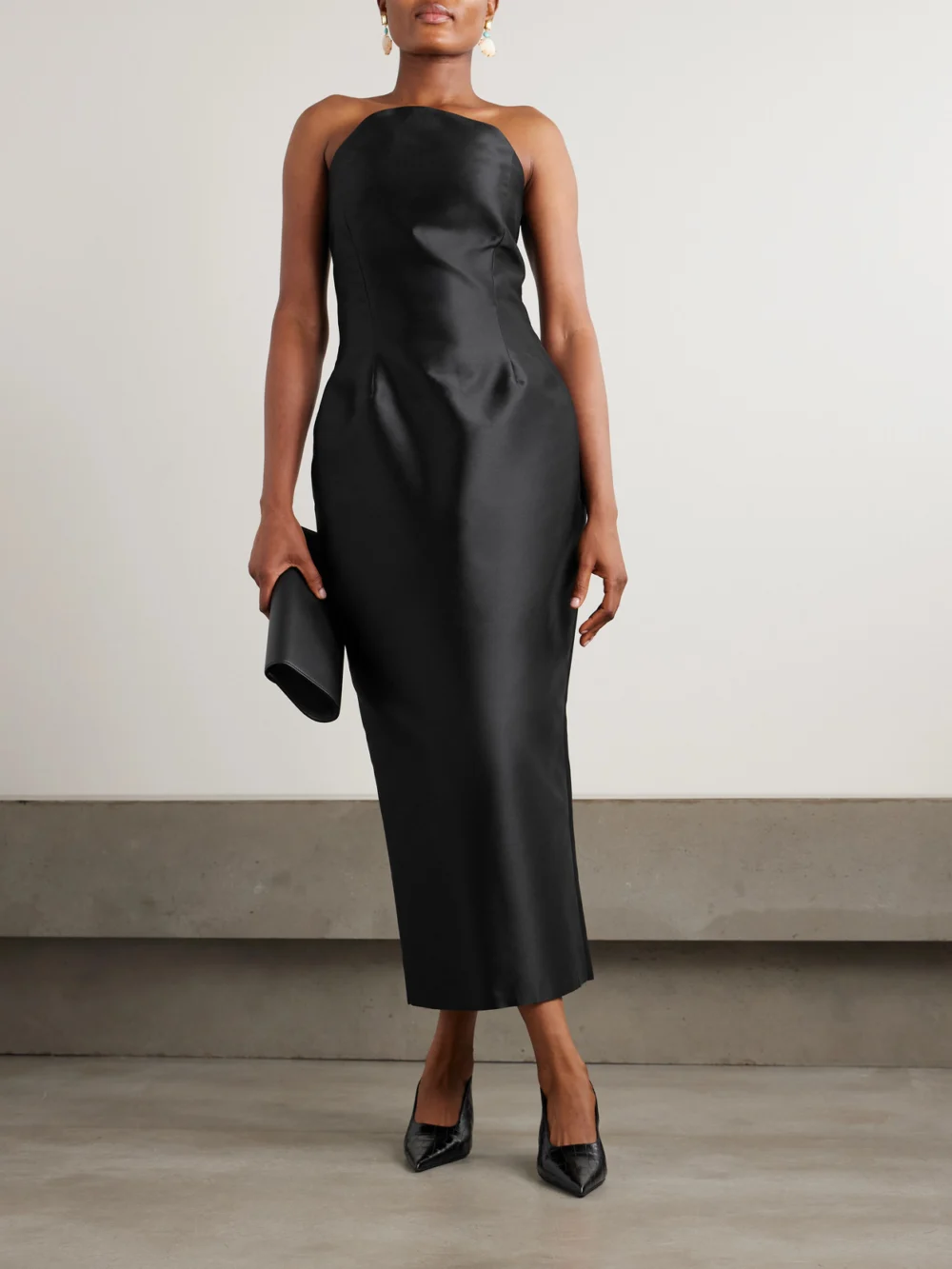 Violante Nessi Monica Strapless Satin Midi Dress, worn by a model