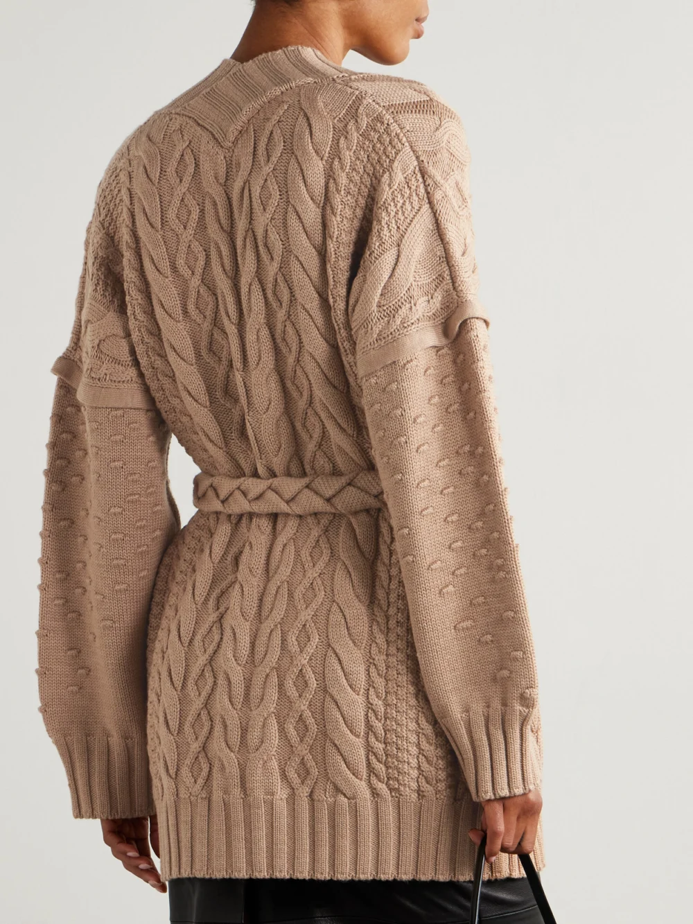 Back view of the Violante Nessi Tracey Belted Cable-knit Wool Cardigan