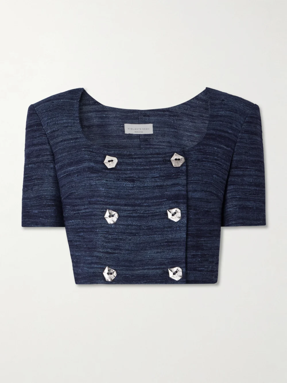 Violante Nessi Vittoria Cropped Silk-tweed Top in navy