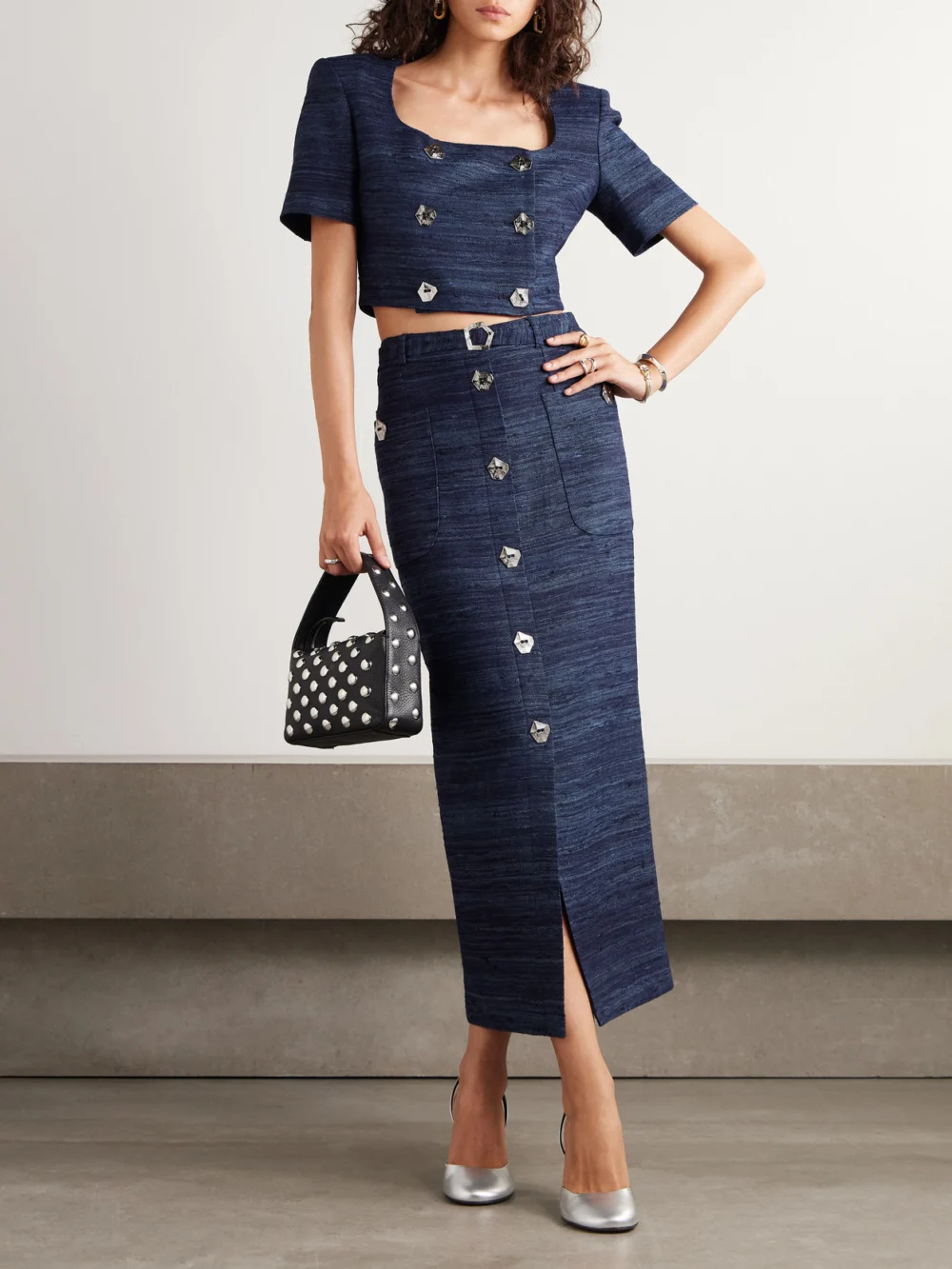 Violante Nessi Vittoria Cropped Silk-tweed Top, worn by a model