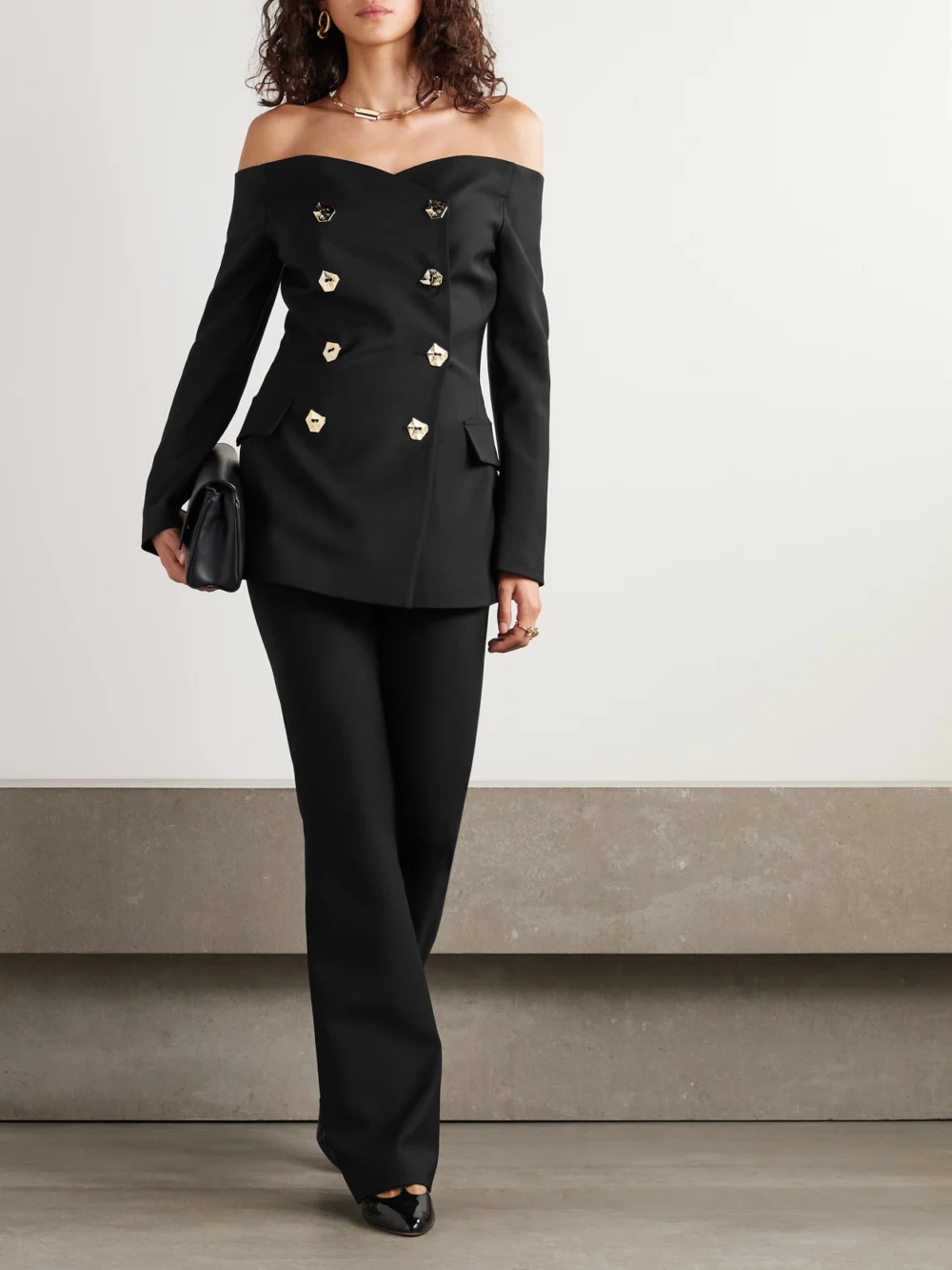 Violante Nessi Vivanti Double-breasted Off-the-shoulder Wool-cady Blouse, worn by a model