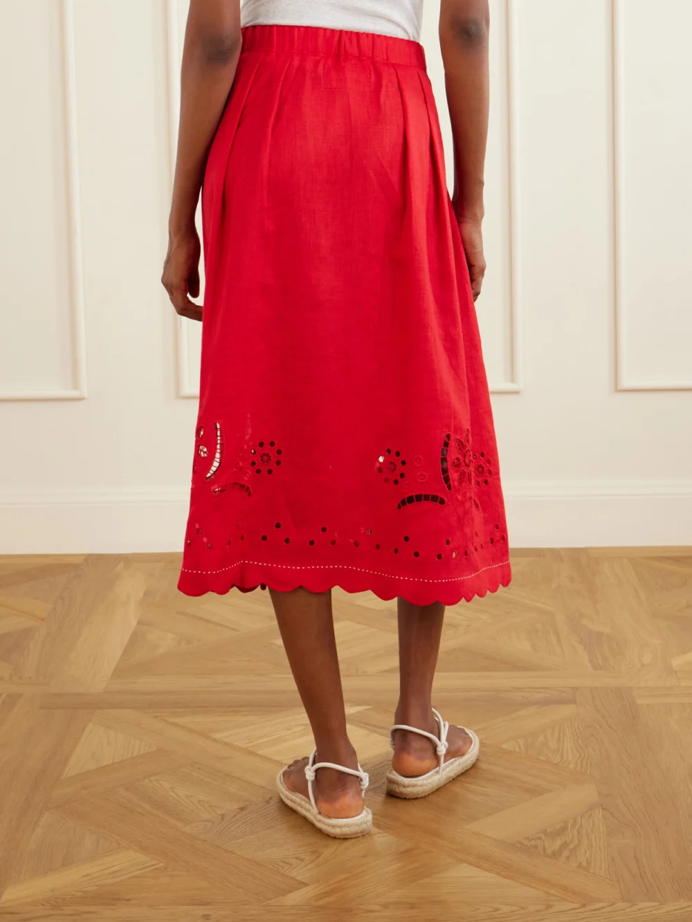 Back view of the Vita Kin Broderie Anglaise-trimmed Linen Midi Skirt