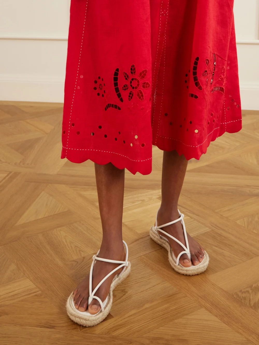 Close-up detail of the Vita Kin Broderie Anglaise-trimmed Linen Midi Skirt