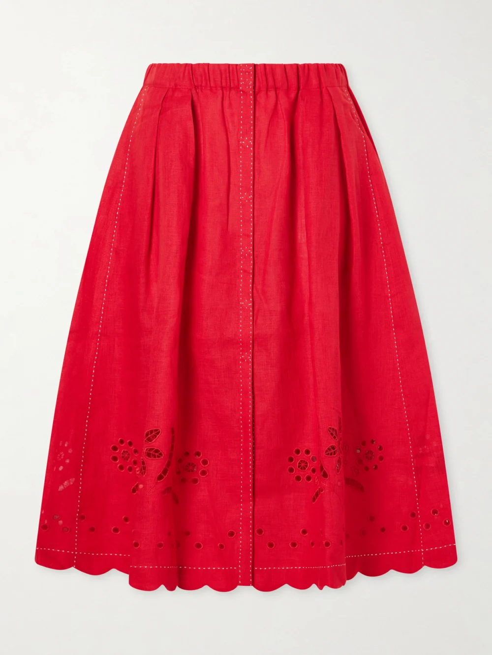 Vita Kin Broderie Anglaise-trimmed Linen Midi Skirt in red