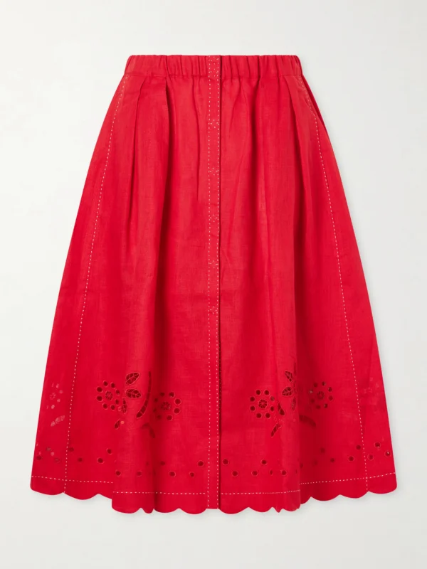 Vita Kin Broderie Anglaise-trimmed Linen Midi Skirt