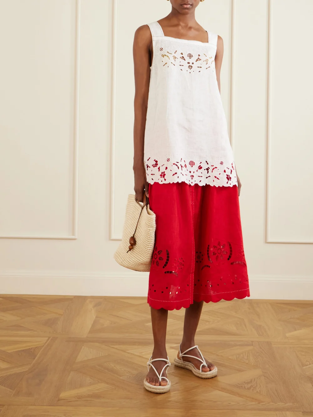 Vita Kin Broderie Anglaise-trimmed Linen Midi Skirt, worn by a model