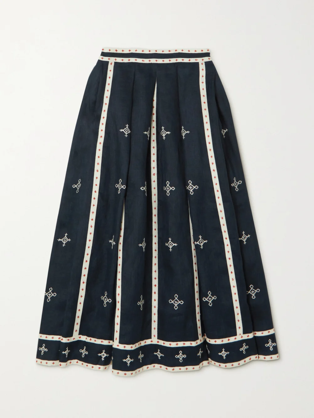Vita Kin Gera Embroidered Linen Midi Skirt in navy